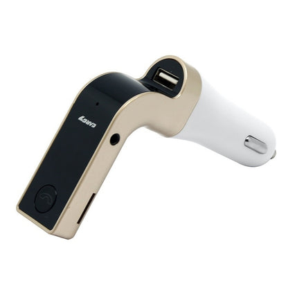Hands-free car Bluetooth FM player with gold body and black control panel