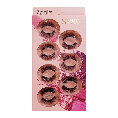 Brown 3D mink false eyelash set, 7 pairs on display card with day labels