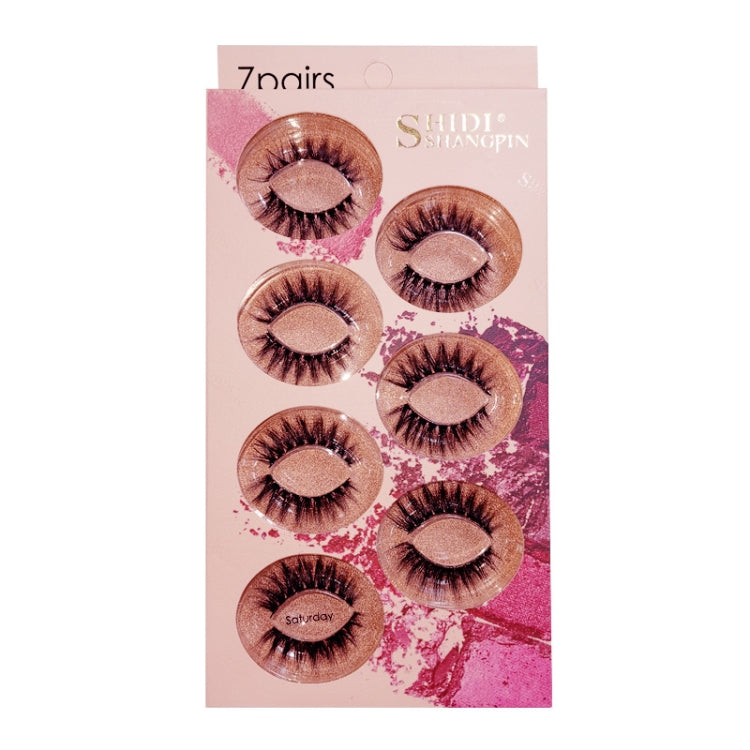 Brown 3D mink false eyelash set, 7 pairs on display card with Saturday label