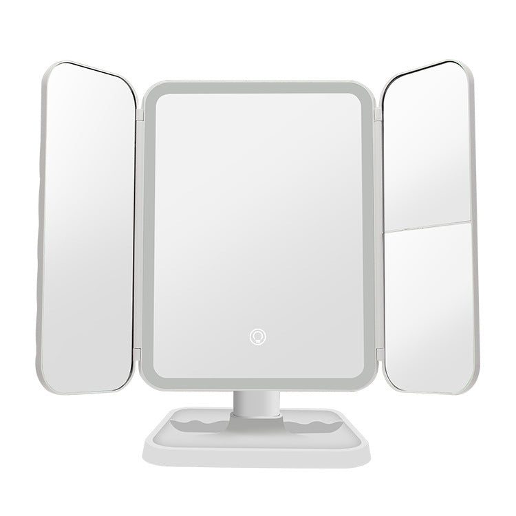 Three-sided folding LED makeup mirror lamp with three-panel frame and base stand