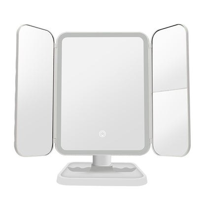 Three-sided folding LED makeup mirror lamp with three-panel frame and base stand