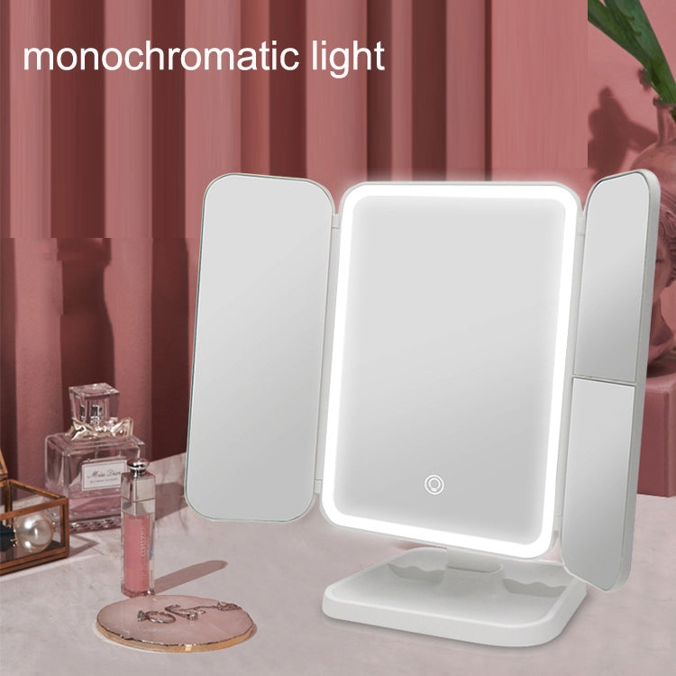 Three-sided folding LED makeup mirror lamp with illuminated light panels, open