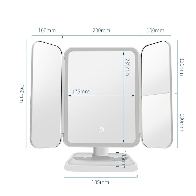 Three-sided folding LED makeup mirror lamp with glowing LED light border and panels