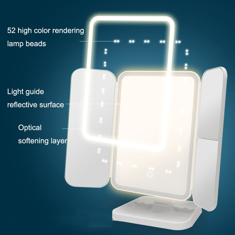 Three-sided folding LED makeup mirror lamp close-up of large mirror panels and hinge