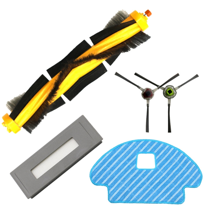 Robot vacuum accessory bundle showing main brush, side brushes, HEPA filter, and pads