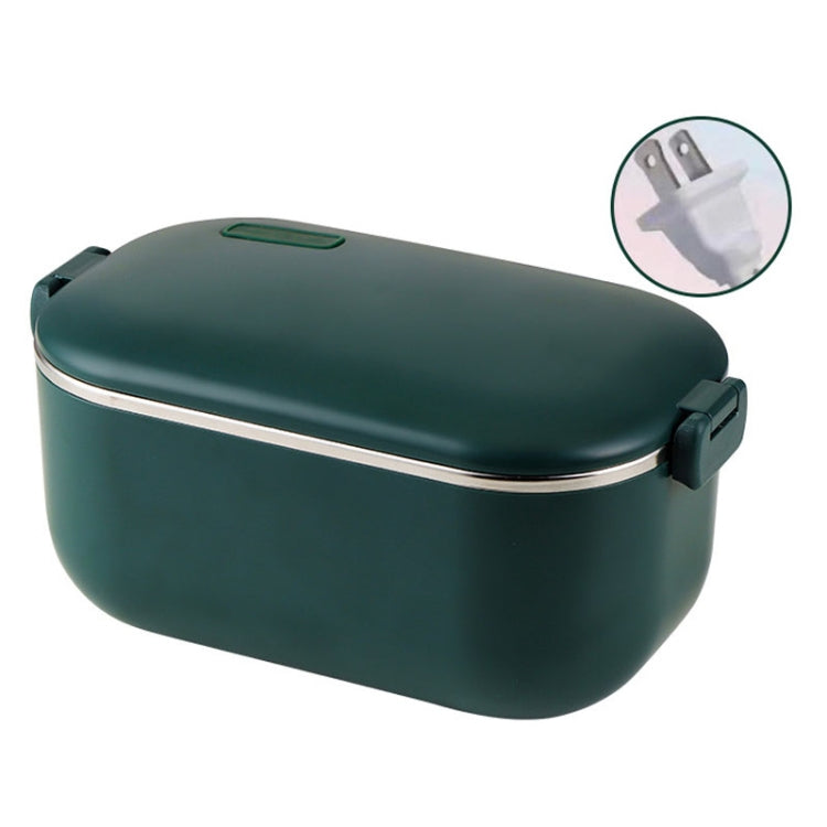 Green heated lunch box with stainless steel rim and power plug detail