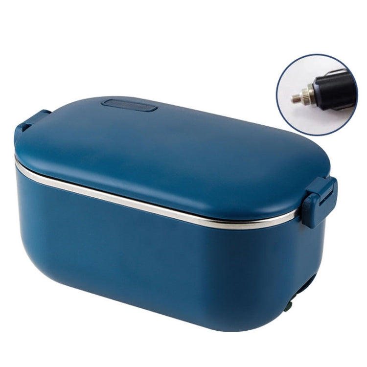 Blue heated lunch box with stainless steel rim and car plug connection