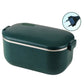 Green heated lunch box with stainless steel rim and EU-style plug detail