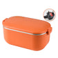 Orange heated lunch box with stainless steel rim and UK-style plug detail