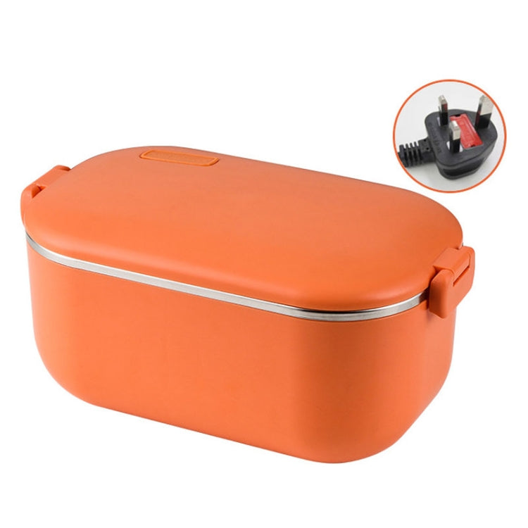 Orange heated lunch box with stainless steel rim and UK-style plug detail