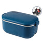Electric heating lunch box, blue, hinged lid with side latch and top carry handle