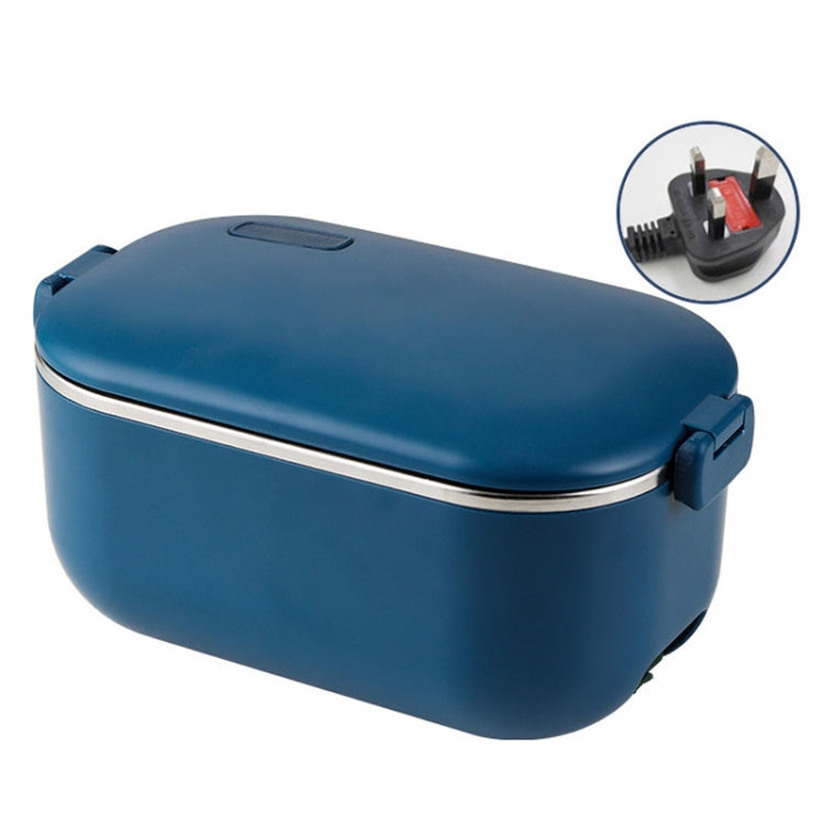 Electric heating lunch box, blue, hinged lid with side latch and top carry handle