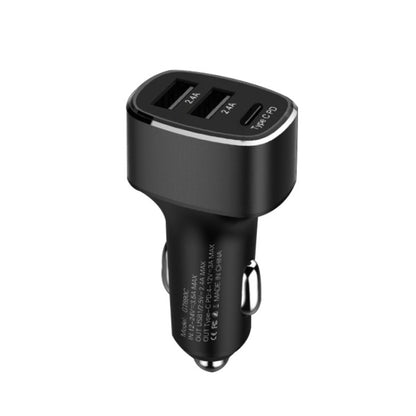Black three-port car charger with two USB and USB-C ports, aluminum body