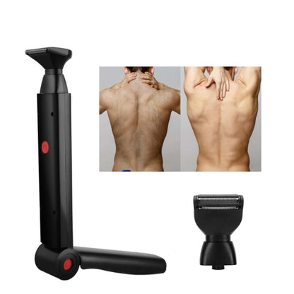 Black electric back shaver with flip-out head and red power button