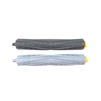 Two main roller brushes for robotic vacuum, dark gray and light gray with yellow bristles