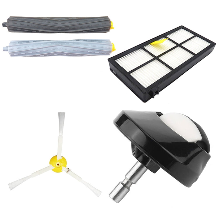 Robot accessory set with main brushes, filter, side brush, and steering wheel caster