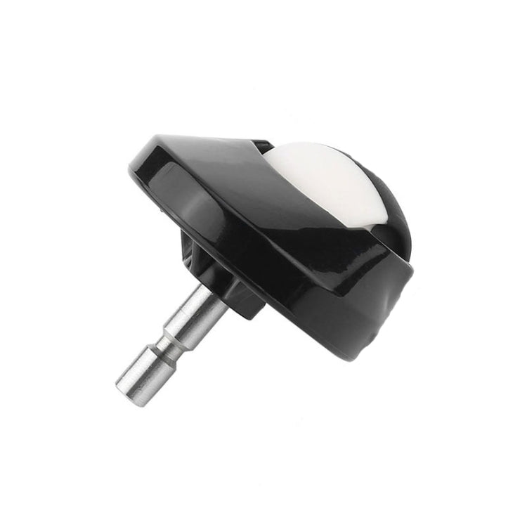 Steering wheel caster with black housing, white wheel cover, and metal axle pin