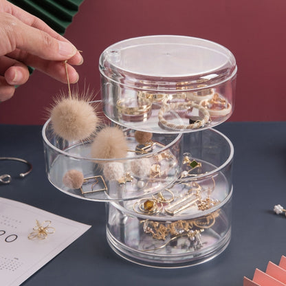Transparent 4-layer rotating jewelry box with clear drum compartments