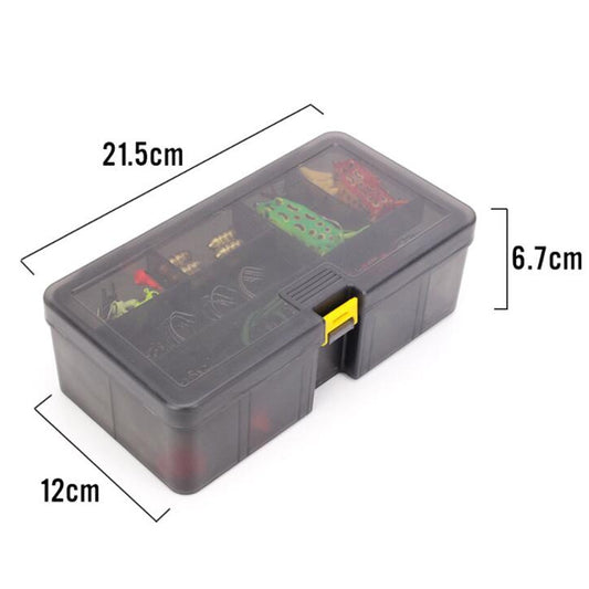 Gray tackle box for fishing lure accessories with size dimensions shown