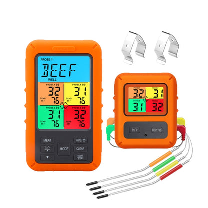 Orange wireless digital food thermometer with color screen and connected probe set