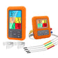 Orange color-screen wireless thermometer with two metal clips and probe cables