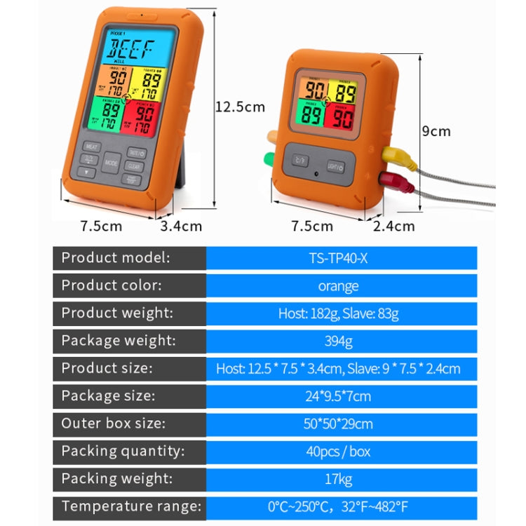 Orange wireless meat thermometer with color display and two probe prongs