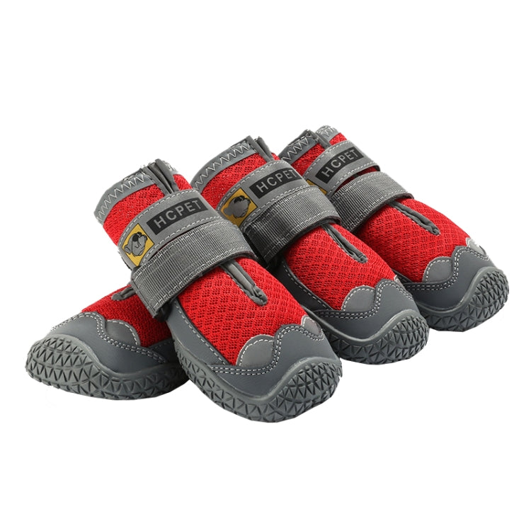 Red mesh dog shoes with hook-and-loop straps and gray rubber tread soles, 4-pack set.