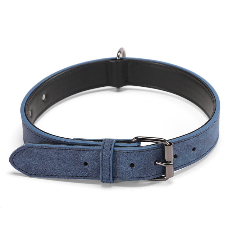 Double-layer leather dog collar in blue with black lining and metal buckle