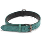 Double-layer leather dog collar in green with black lining and metal buckle