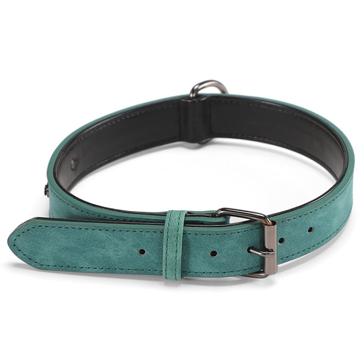 Double-layer leather dog collar in green with black lining and metal buckle