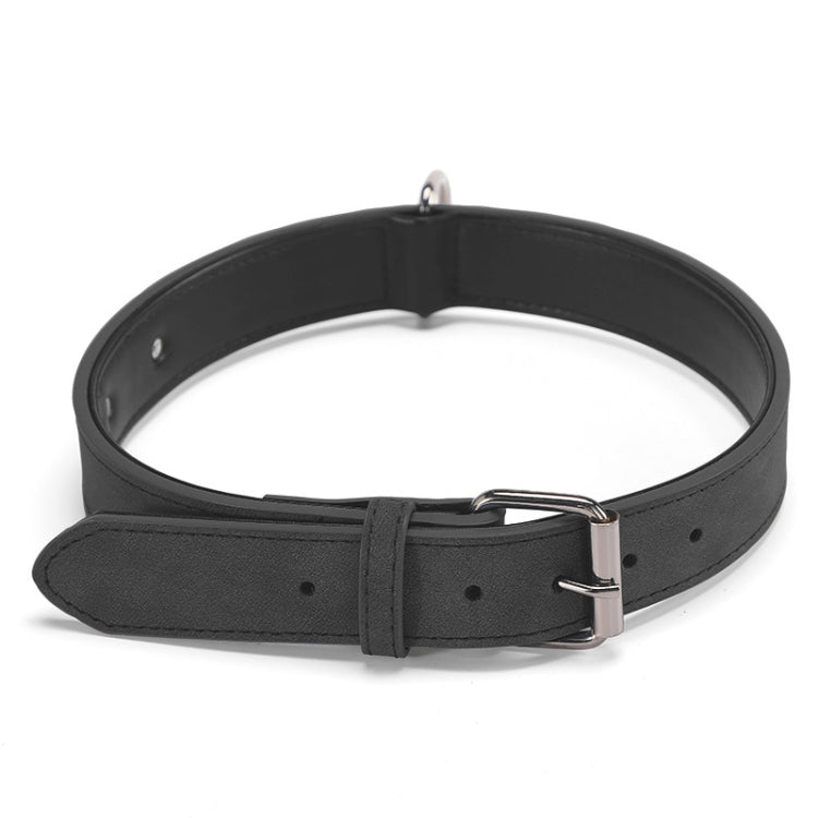 Black double-layer leather dog collar with metal buckle and D-ring