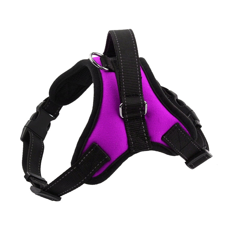 Adjustable dog chest strap harness, purple with black straps, D-ring and adjustment webbing