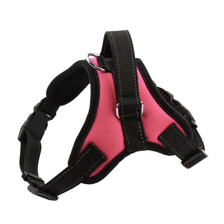 Adjustable dog chest strap harness, pink with black straps, D-ring and front adjustment