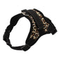 Adjustable dog chest strap harness, leopard print panel with black straps, D-ring and buckles