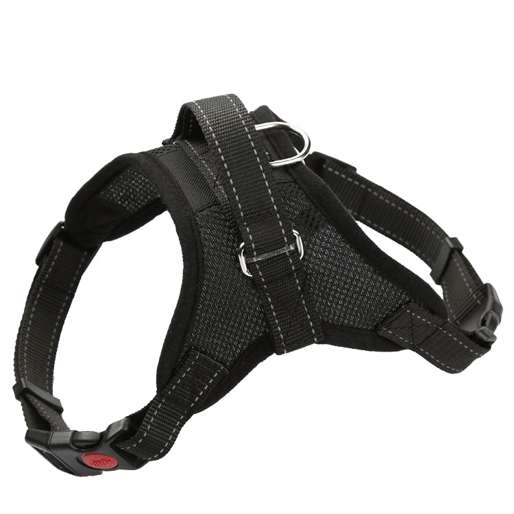 Adjustable dog chest harness in black with wide straps and metal D-ring.