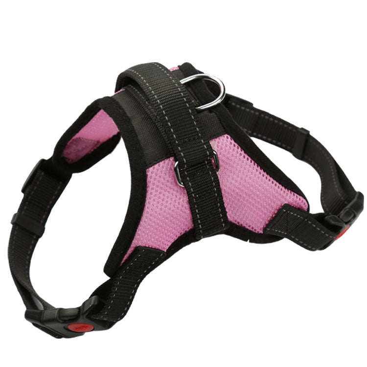 Adjustable dog chest harness with black straps and pink padded chest panel.