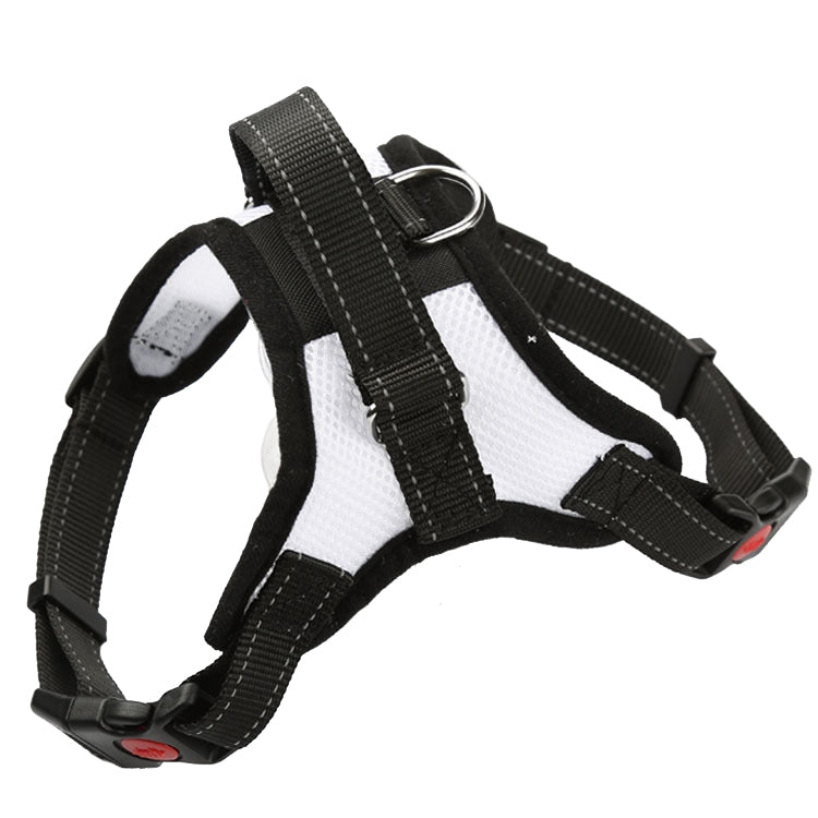 Adjustable dog chest harness with black straps and white mesh chest panel.