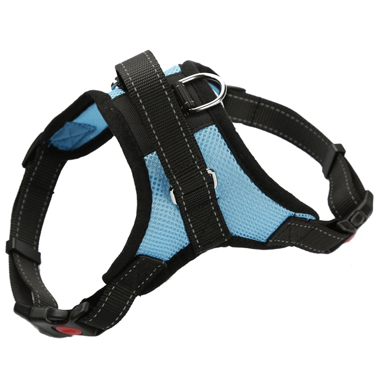 Adjustable dog chest harness with black straps and blue padded chest panel.