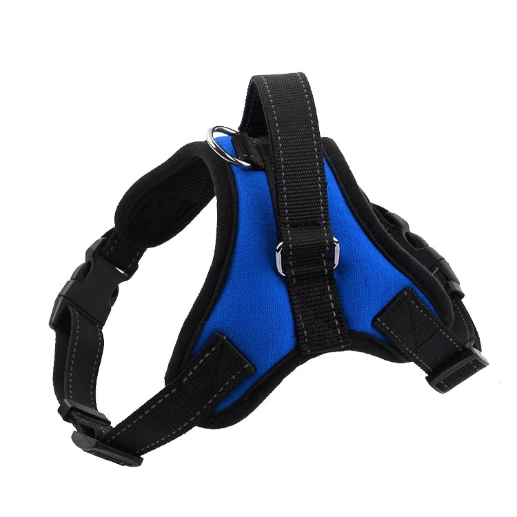 Adjustable dog chest harness with black straps and bright blue fabric panel.