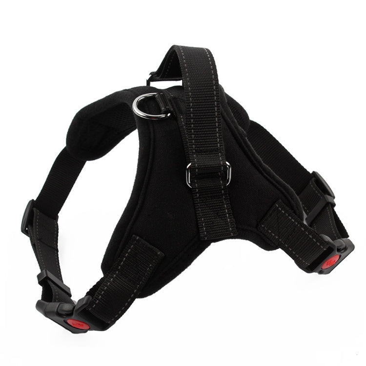 Adjustable dog chest harness in black with front metal D-ring and buckles.