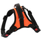 Adjustable dog chest harness with black straps and orange fabric panel.
