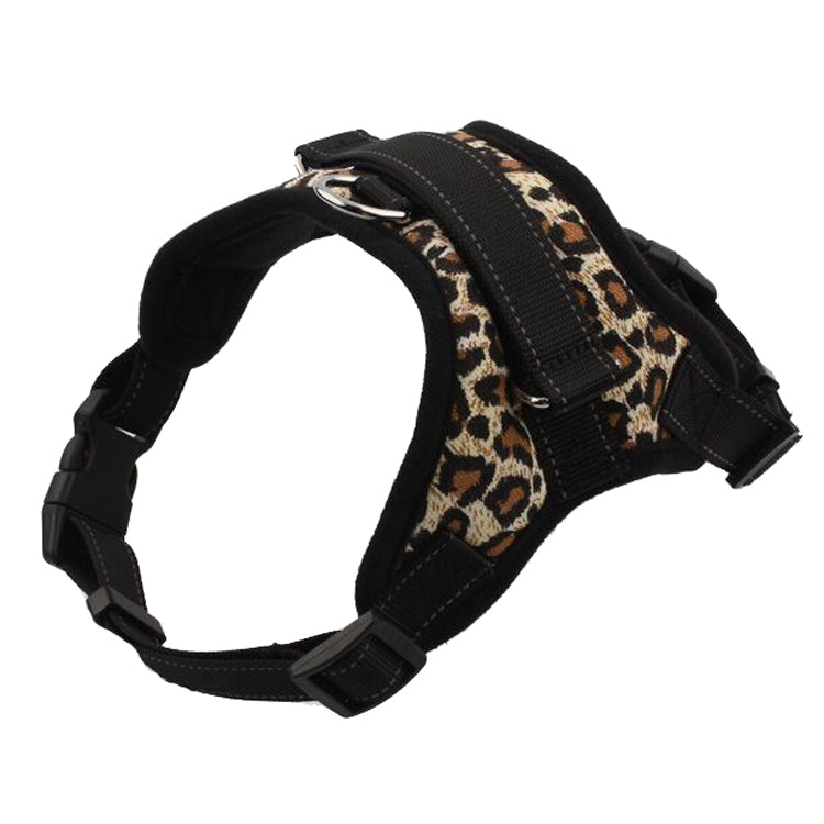 Adjustable dog chest strap harness with leopard print panel and black webbing, buckles, D-ring