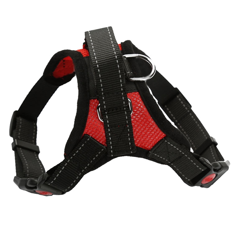 Adjustable dog chest strap harness with red panel and black webbing, buckles, metal D-ring