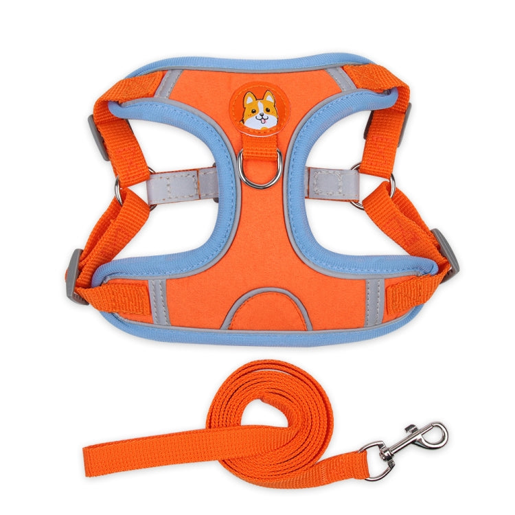 Orange dog chest traction harness with light blue trim and matching leash rope