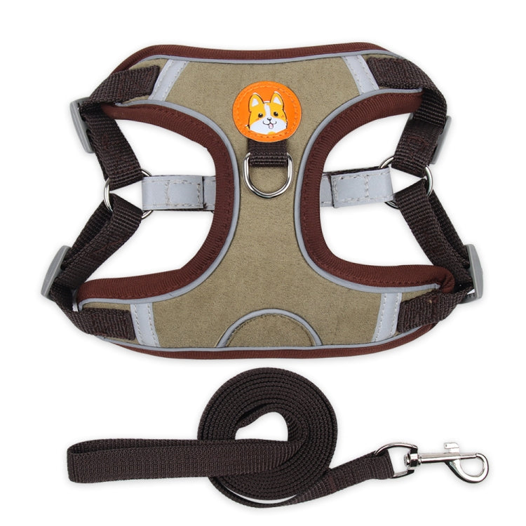 Brown dog chest traction harness with gray straps and matching leash rope