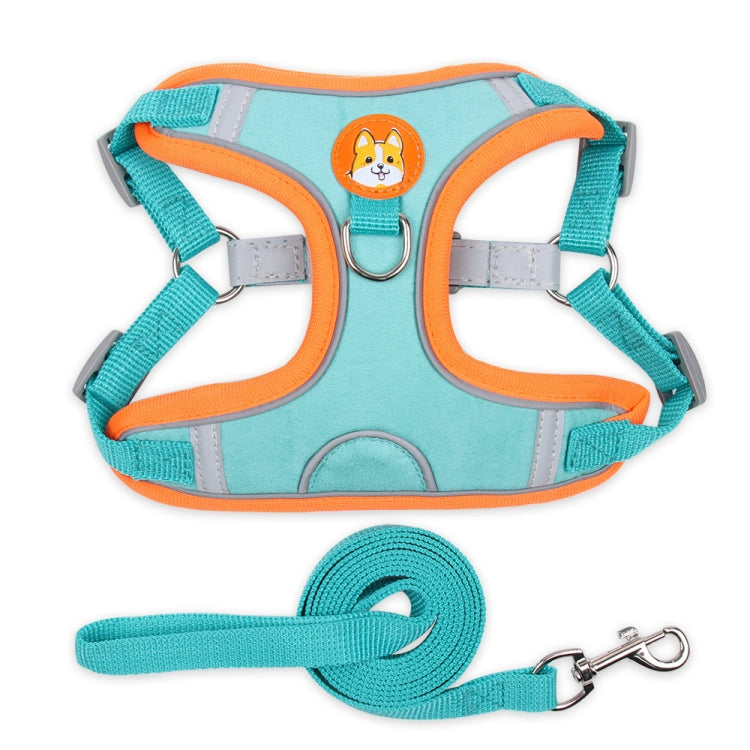 Lake blue dog chest traction harness with orange trim and matching leash rope