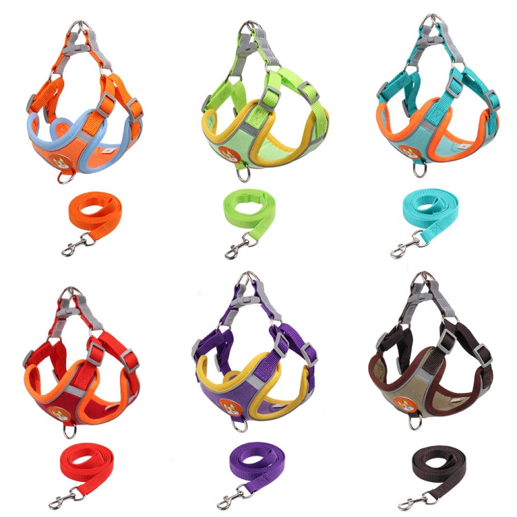 Assorted reflective dog chest traction harnesses with matching rope leashes and clips