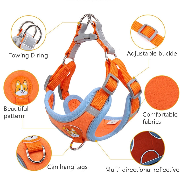 Reflective dog chest traction harness with towing D-ring, adjustable buckles, and rope leash