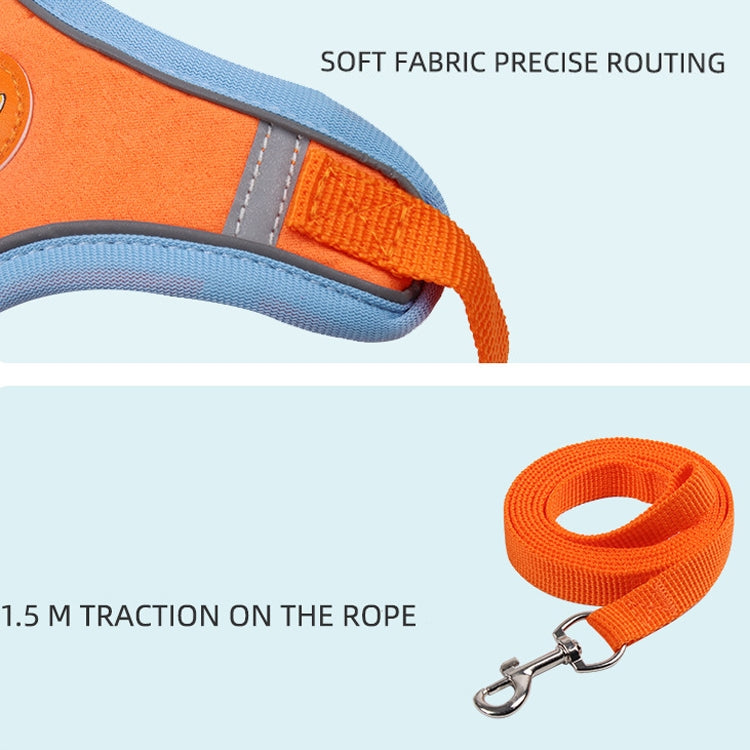 Reflective orange dog traction rope chest strap with metal clip and blue fabric trim