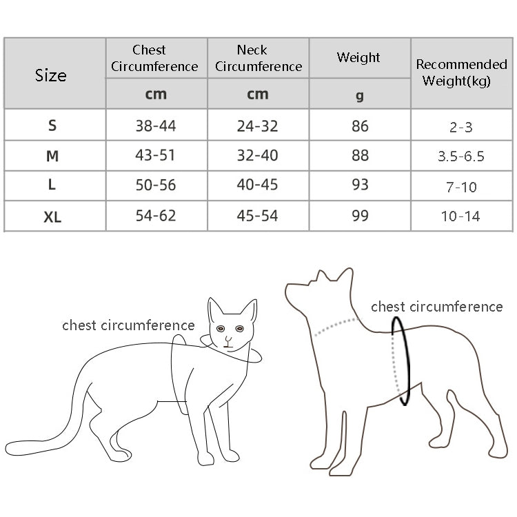 Dog chest strap size chart with chest and neck measurements in cm diagram
